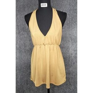 Y2K VNTG Wet Seal Gold Metallic Halter Tunic Top Large Micro Mini Dress V Neck